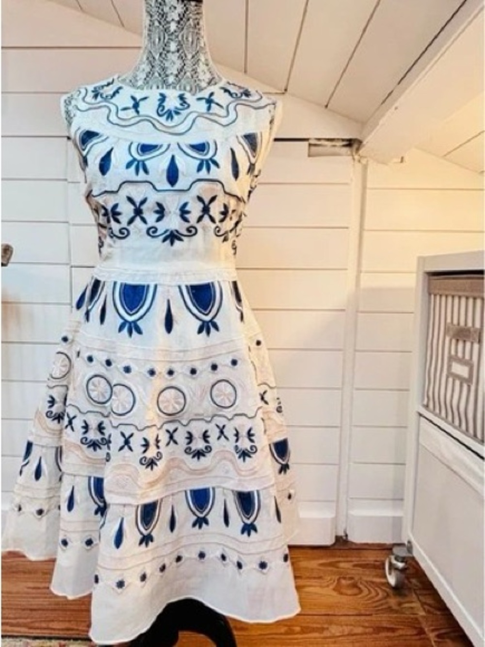 White Maxi Dress with Blue Embroidered Pattern